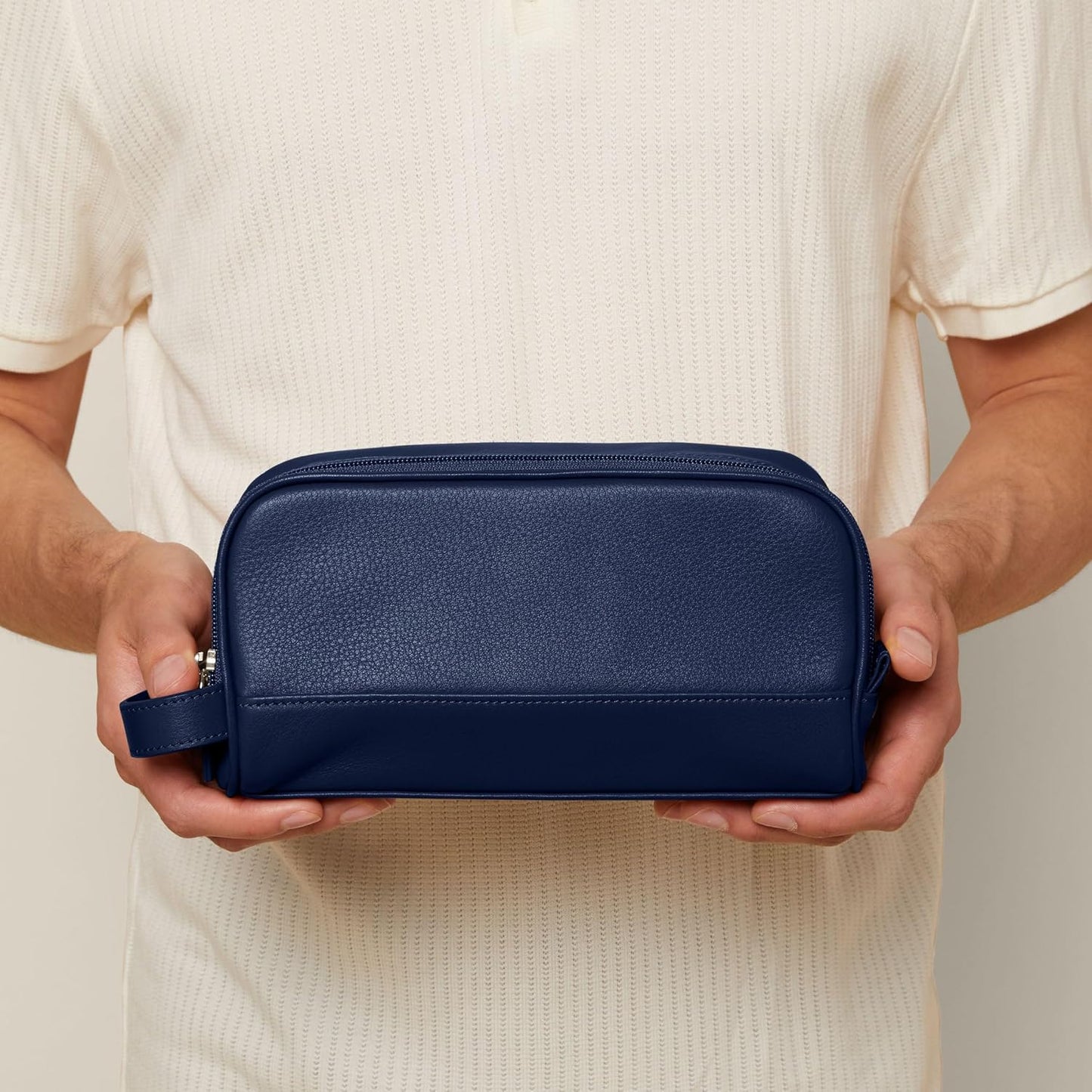 Leatherology Navy Blue Leather Toiletry Bag – Small Double Zip Dopp Kit – Full Grain Leather Travel Organizer with Water-Resistant Lining – Compact Grooming Bag for Men or Women
