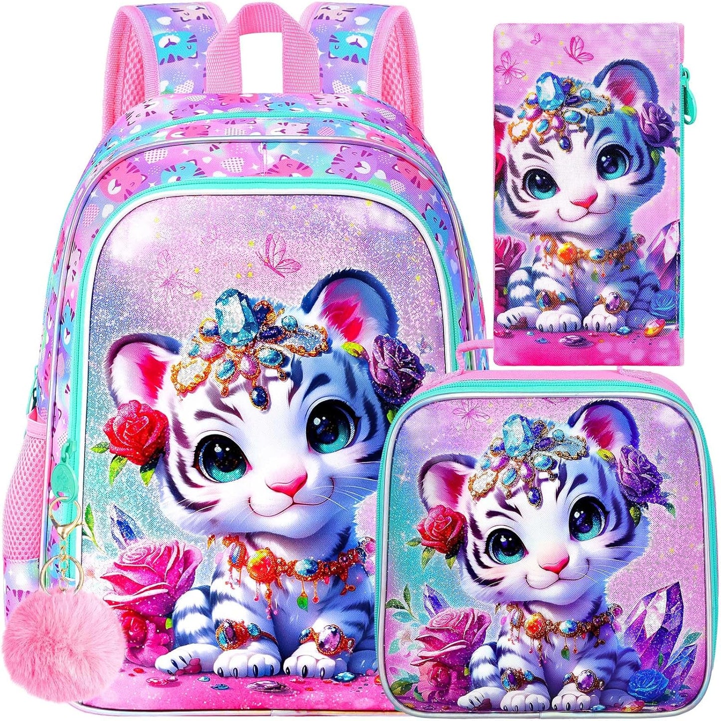 16" Tiger Backpack for Girls, 3Pcs Kids School Backpacks with Lunch Box, Bookbag for Elementary Preschool Kindergarten(Pink)