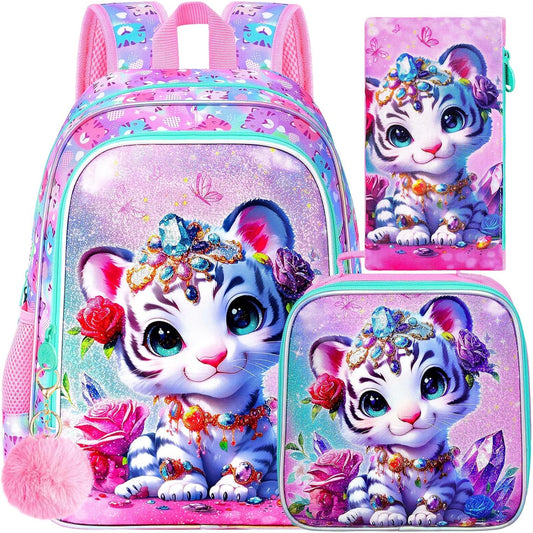16" Tiger Backpack for Girls, 3Pcs Kids School Backpacks with Lunch Box, Bookbag for Elementary Preschool Kindergarten(Pink)
