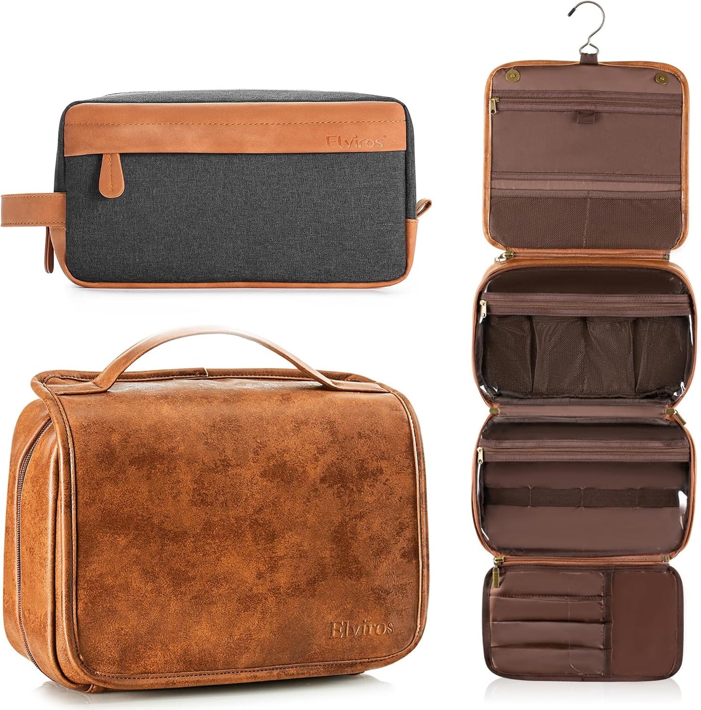 Elviros Hanging Travel Toiletry Bag Gift for Men，Mens Toiletries Bag Gifts Set Shaving Dopp Kit Water-resistant Bathroom Toiletries Organizer PU Leather Cosmetic Bags 2 Pack