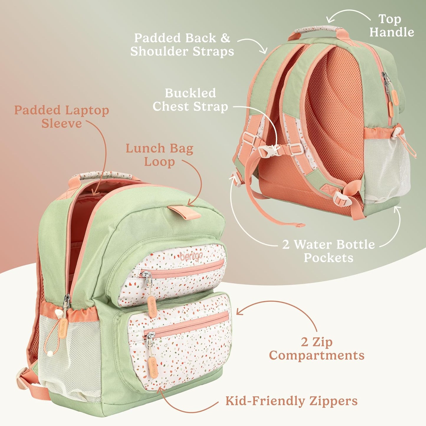 Bentgo Kids Backpack (Whimsy & Wonder Collection) - Lightweight 14’’ for School, Travel & Daycare - Ideal for Kids 4+, Durable & Water-Resistant, Roomy Interior, Loop for Lunch Bag (Geo Speckle)