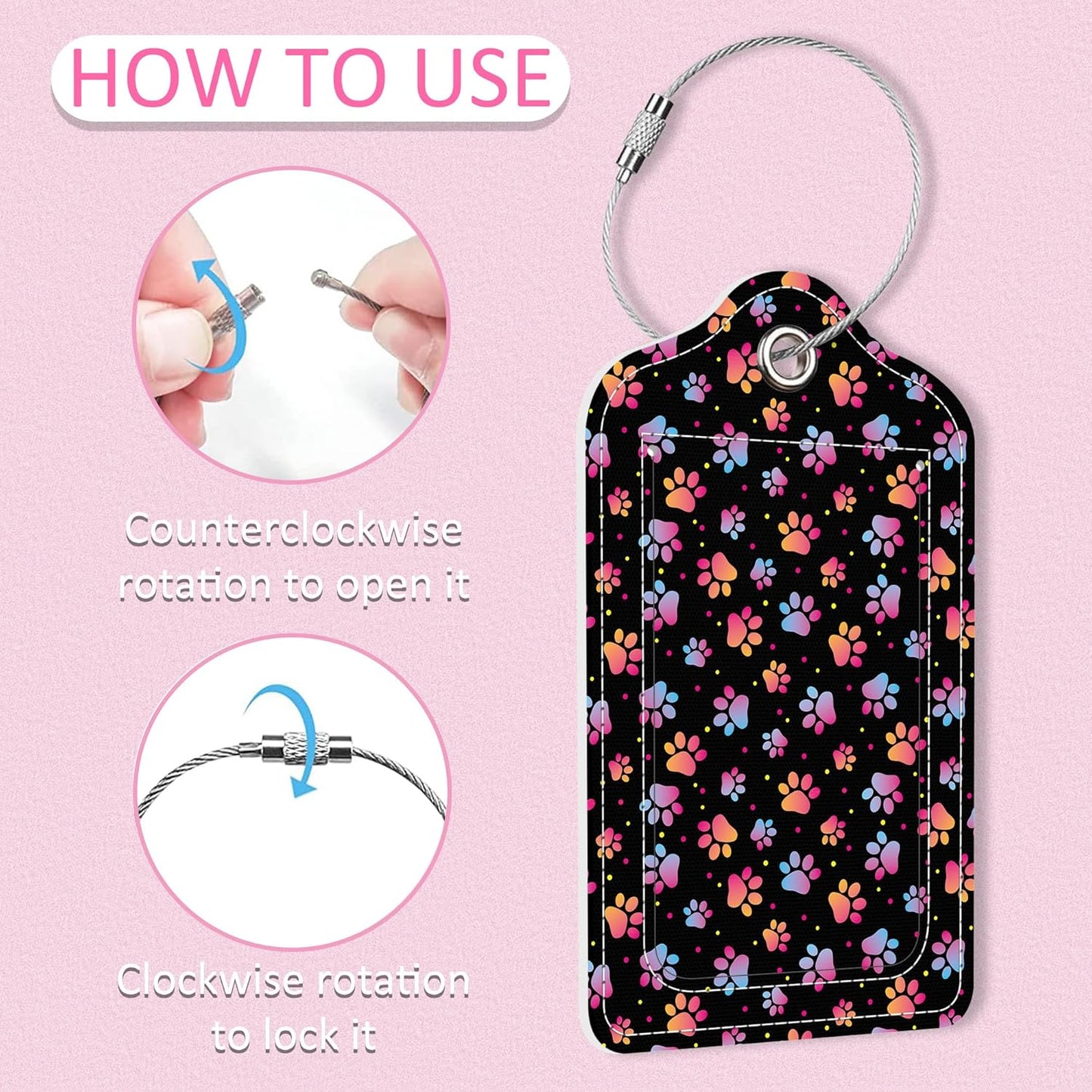 2 Pack Colorful Dog Paw Luggage Tag for Suitcase,Colorful Paw PU Leather Suitcase Tags Identifiers with Privacy Name Address Labels and Steel Loop for Women Men Travel