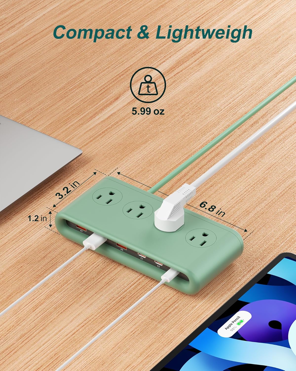 10 in 1 Flat Plug Power Strip with USB C, PD20W Fast Charging Station with 4 Outlets and 6 USB Port（3 Type C+3 USB A, 5ft Extension Cord, Non Surge Protector for Travel (Green)