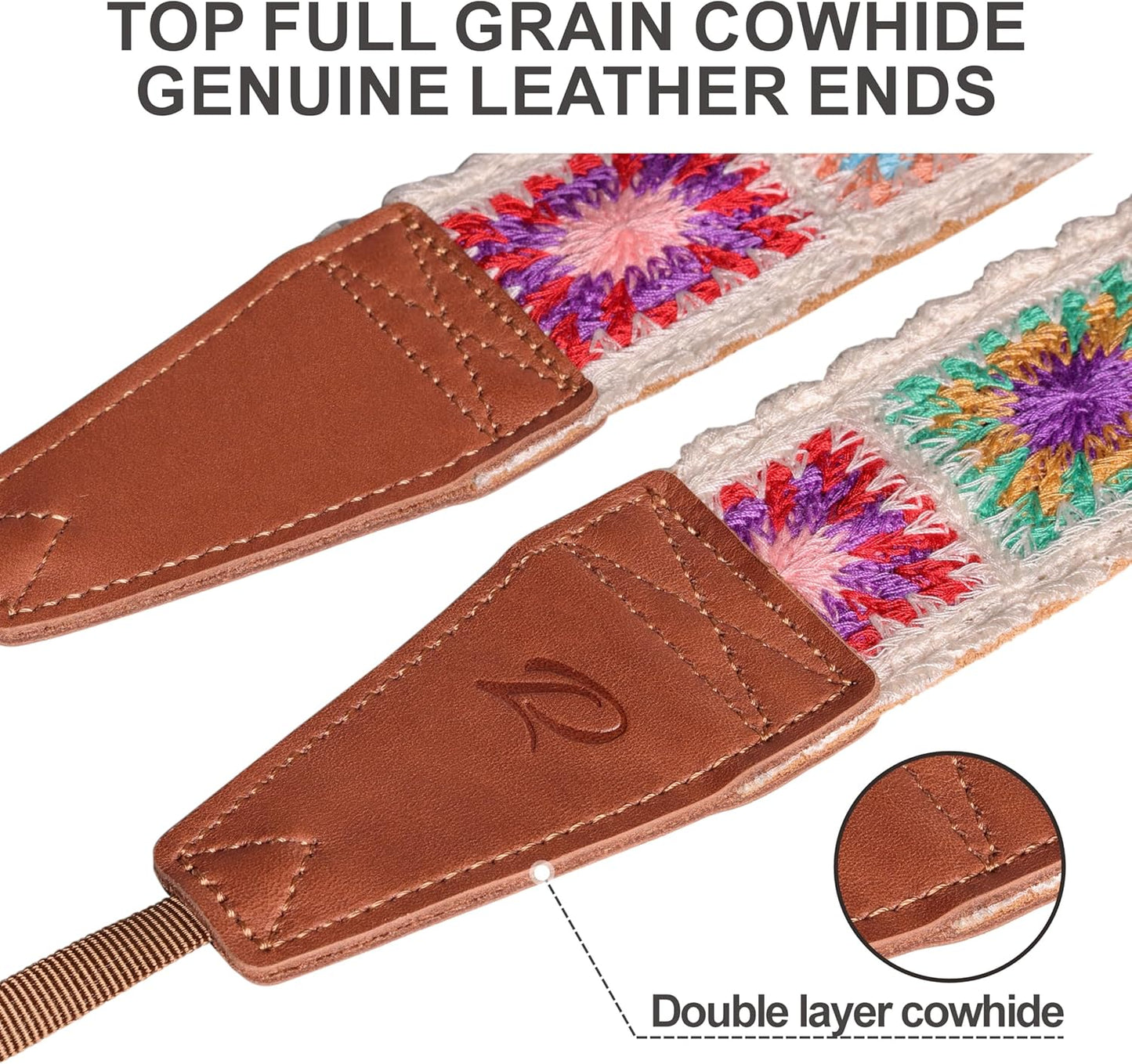 Padwa Lifestyle White Crochet Camera Strap - 2" Full Grain Leather Ends Camera Straps for Photographers, Vintage Embroidered Cotton Soft Suede Fabric Padded Strap with Quick Release fits All Cameras