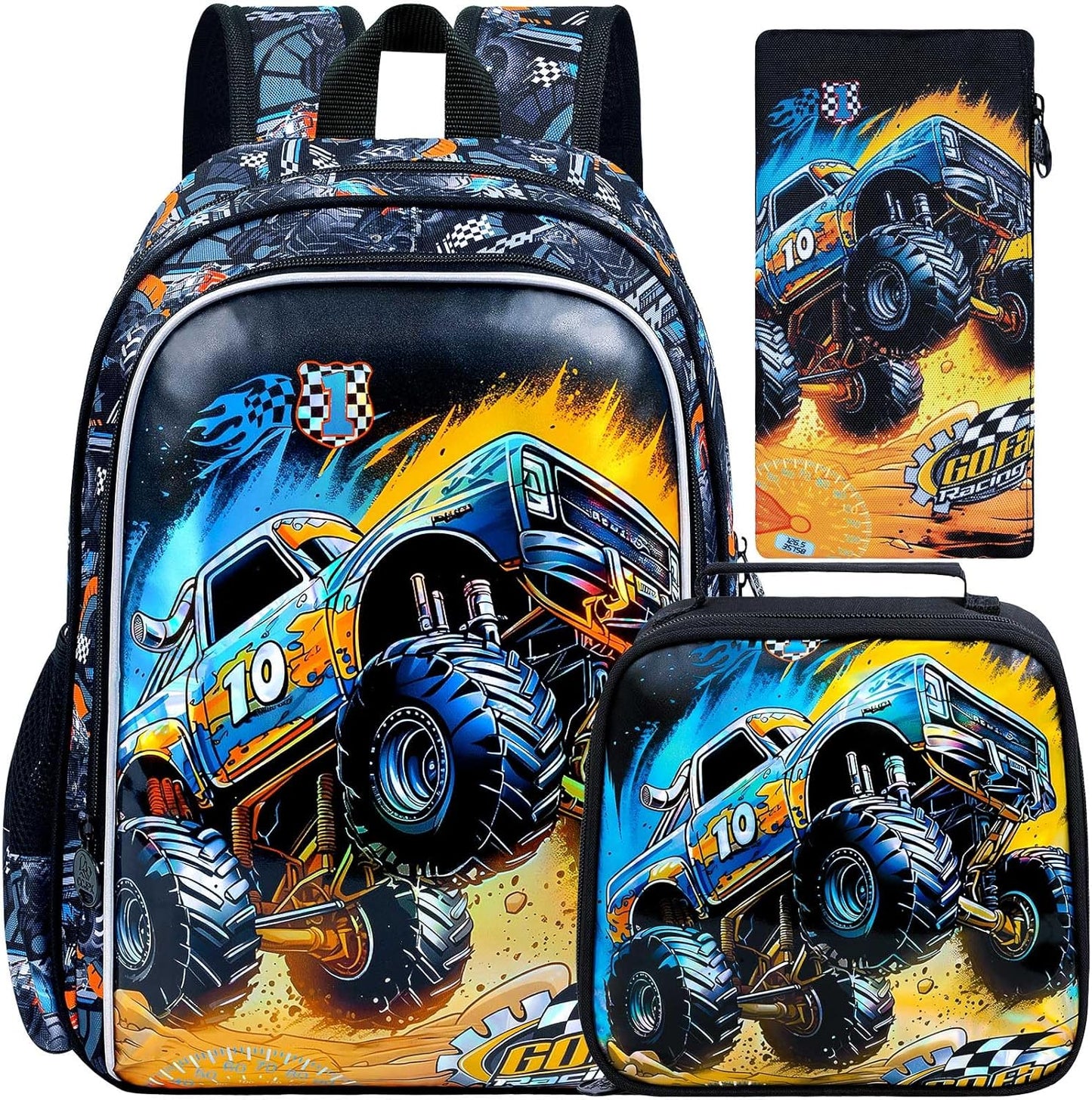16" Truck Backpack for Boy, 3Pcs Car School Backpacks with Lunch Box, Kids Bookbag for Elementary Preschool Kindergarten(Black)