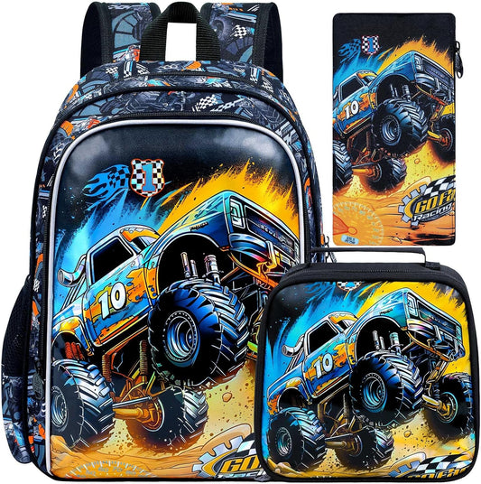 16" Truck Backpack for Boy, 3Pcs Car School Backpacks with Lunch Box, Kids Bookbag for Elementary Preschool Kindergarten(Black)