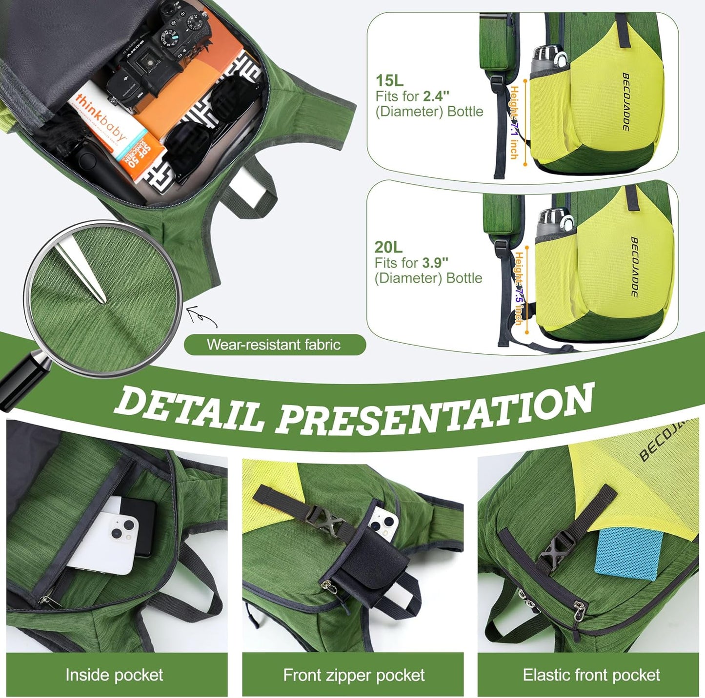 15L Small Hiking Backpack for Men Women Foldable Packable Back Pack Ultralight Hiking Daypack for Travel Camping Outdoor, Olive Green Yellow