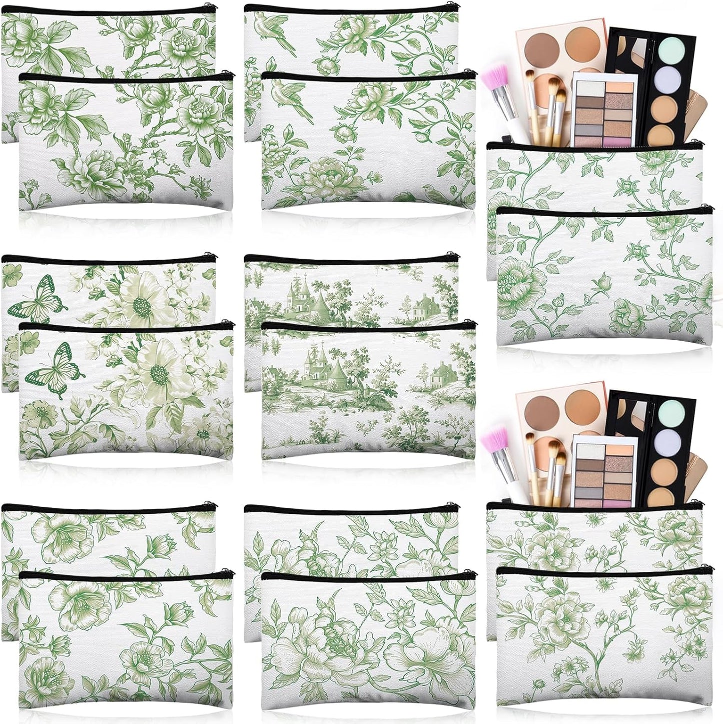 16 Pcs Floral Cosmetic Bags Bulk for Women Sage Green and White Floral Makeup Bags Chinoiserie Canvas Travel Zipper Pouches Aesthetic Toiletry Bag for Girls Bridesmaids Wedding Supplies