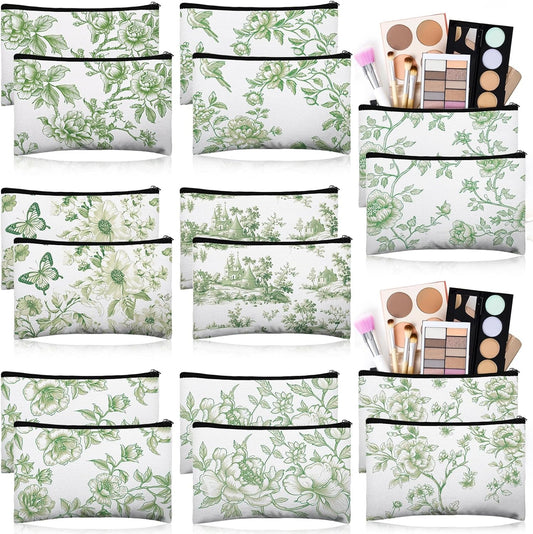16 Pcs Floral Cosmetic Bags Bulk for Women Sage Green and White Floral Makeup Bags Chinoiserie Canvas Travel Zipper Pouches Aesthetic Toiletry Bag for Girls Bridesmaids Wedding Supplies