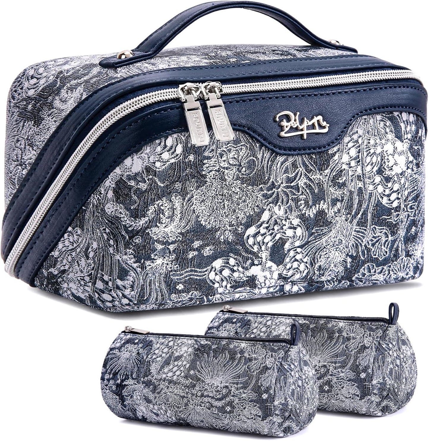 BOYATU Travel Makeup Bag for Women: Large Capacity Make up Bag with Compartments - Vegan Leather Cosmetic Bag set of 3 - Waterproof Toiletry Bag with Handle & Divider(E-3-Blue)