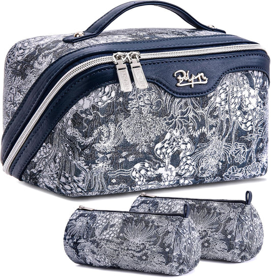 BOYATU Travel Makeup Bag for Women: Large Capacity Make up Bag with Compartments - Vegan Leather Cosmetic Bag set of 3 - Waterproof Toiletry Bag with Handle & Divider(E-3-Blue)