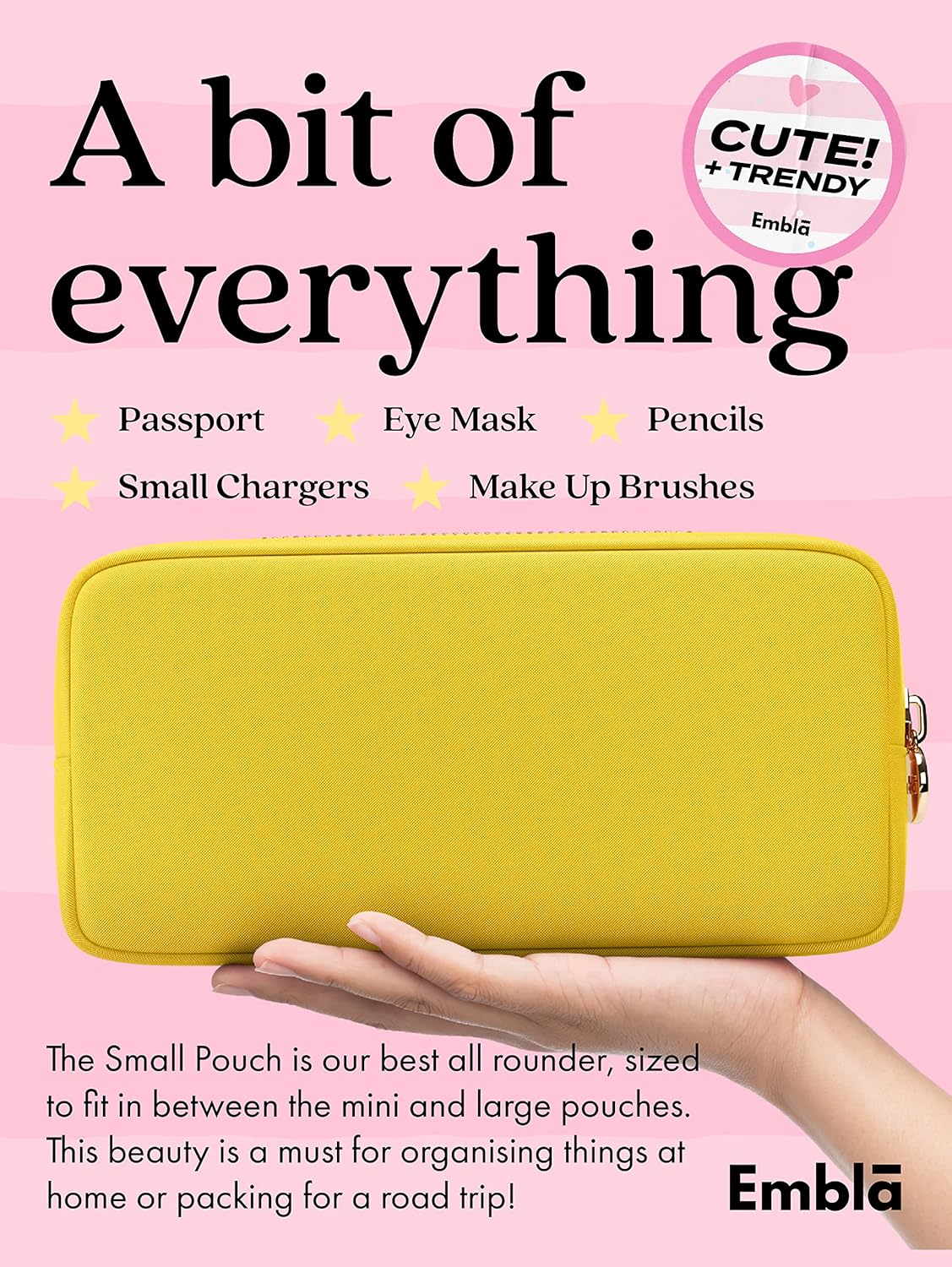 Embla Makeup Bag Travel Cosmetics Pouch and Toiletry Bag, Nylon Zipper Pouch Purse, Cute Make Up Organizer Storage Tote for Women Girls, Waterproof Travel Skincare Case, Small Makeup Bags, Lemon