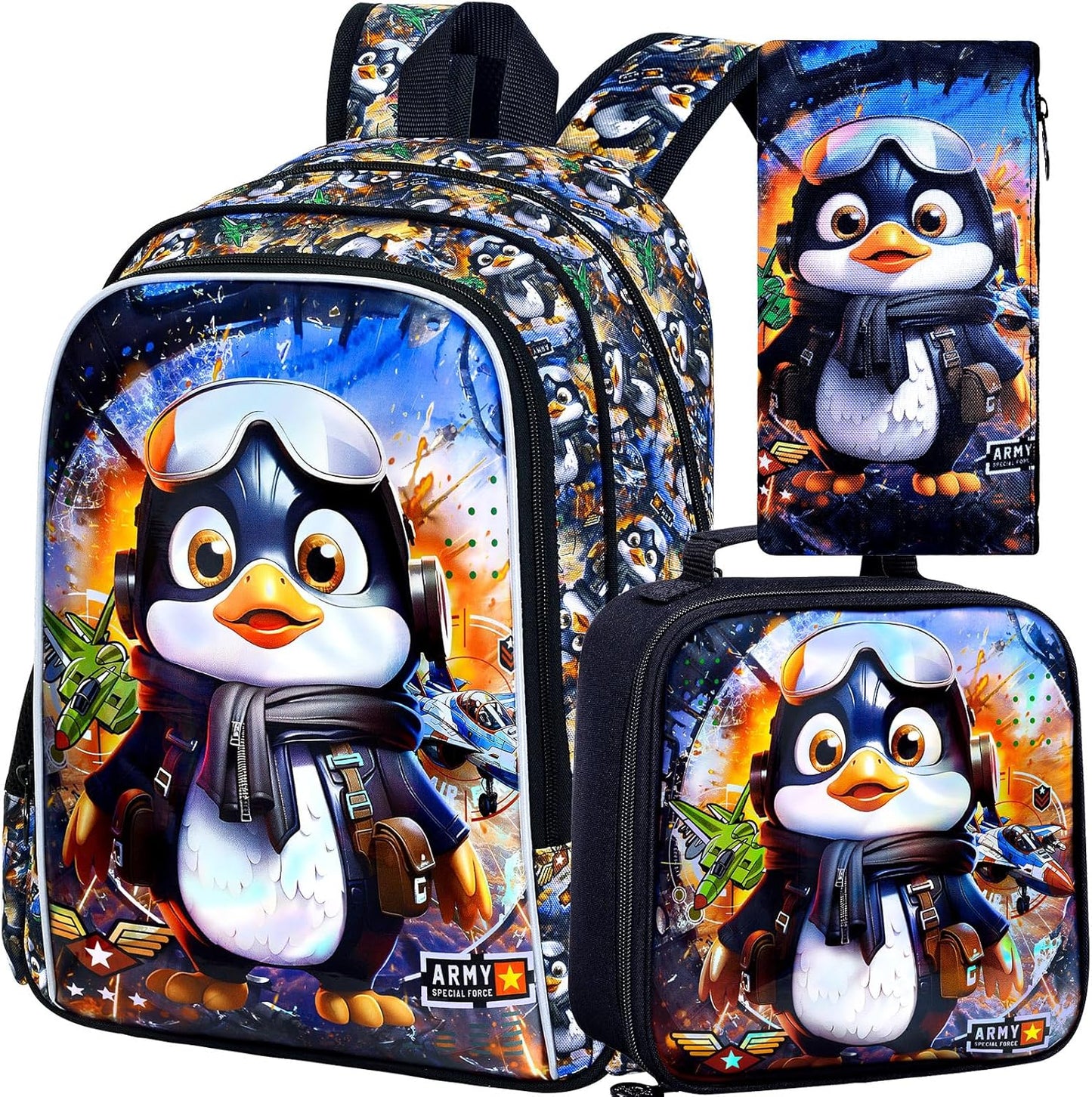 16" Backpack for Boys, 3Pcs Kids Bookbag with Lunch Box, Penguin School Backpacks for Elementary Preschool Kindergarten (Black)