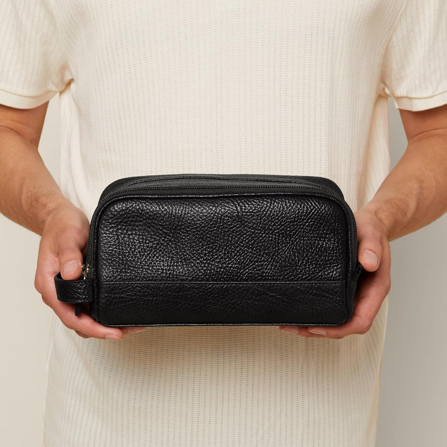 Leatherology Premium Ebony Leather Toiletry Bag – Small Double Zip Dopp Kit – Full Grain Leather Travel Organizer with Water-Resistant Lining – Compact Grooming Bag for Men or Women