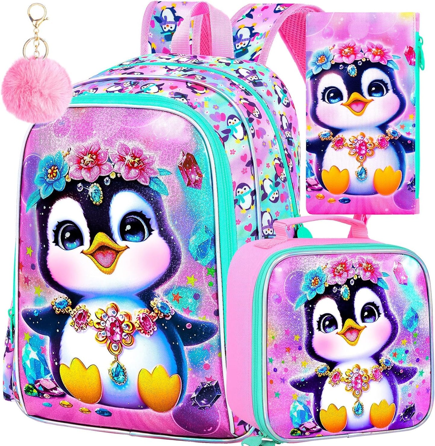 16" Girls Backpack, 16" Kids Bookbag with Lunch Box，Penguin School Backpacks for Elementary Preschool Kindergarten (Pink)