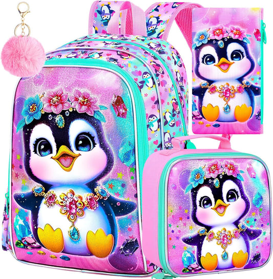 16" Girls Backpack, 16" Kids Bookbag with Lunch Box，Penguin School Backpacks for Elementary Preschool Kindergarten (Pink)