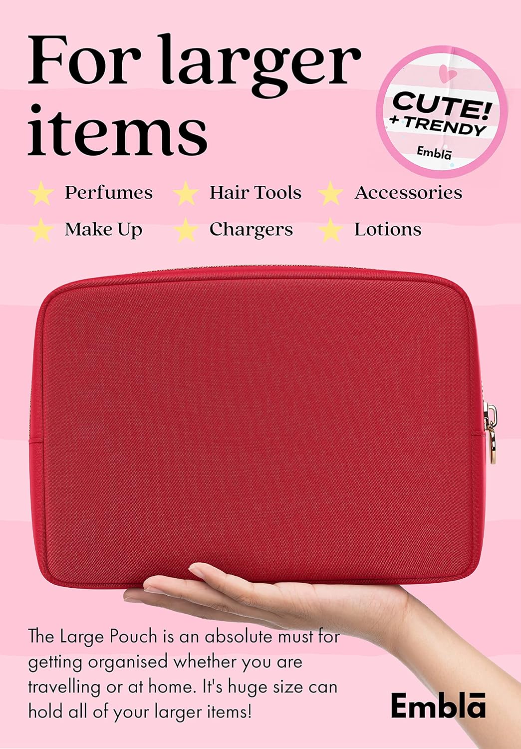 Embla Makeup Bag Travel Cosmetics Pouch and Toiletry Bag, Nylon Zipper Pouch Purse, Cute Make Up Organizer Storage Tote for Women Girls, Waterproof Travel Skincare Case, Small Makeup Bags, Ruby Red