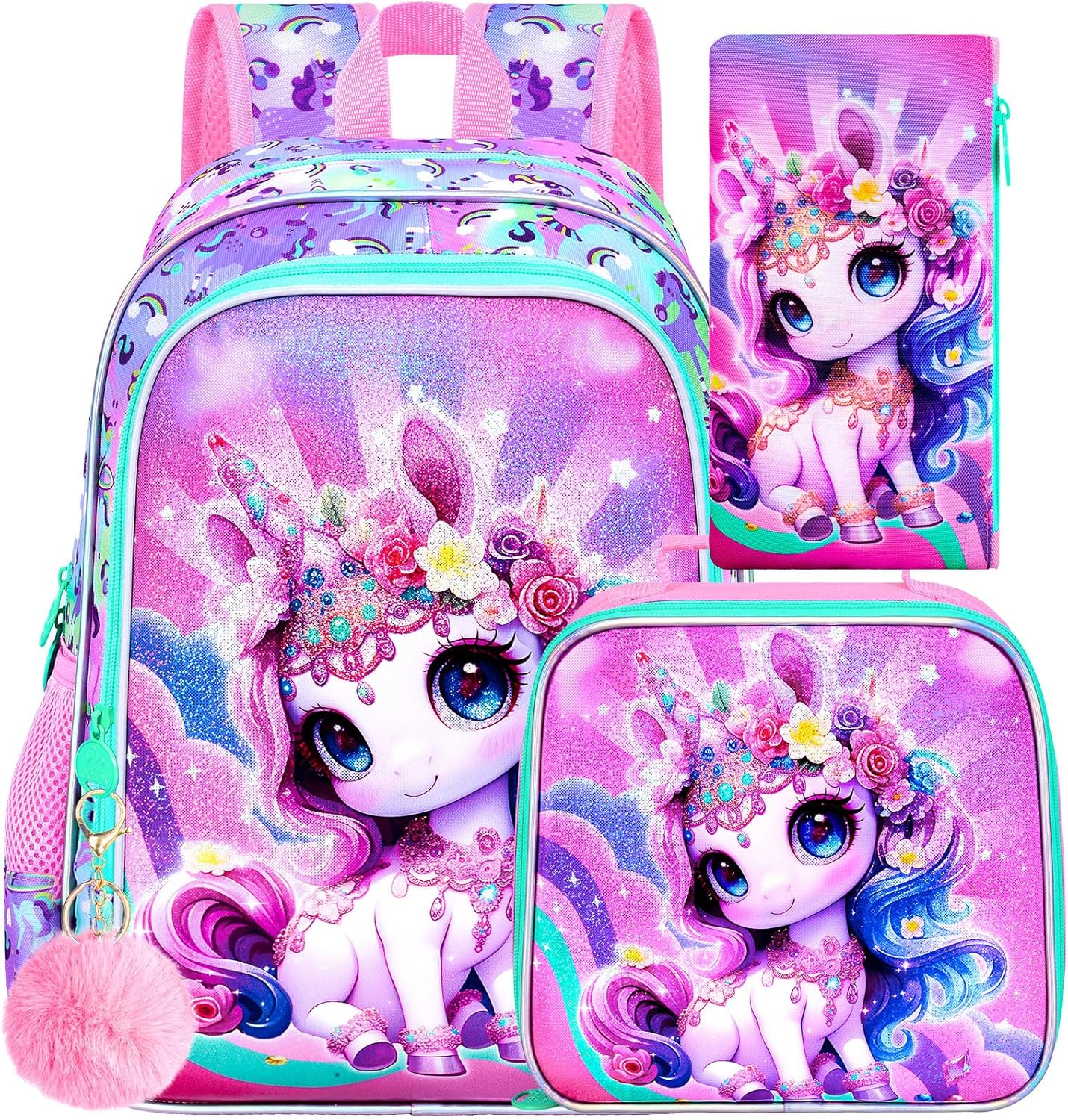 16" Unicorn Backpack for Girls, 3Pcs Kids School Backpacks with Lunch Box, Bookbag for Elementary Preschool Kindergarten(Pink)