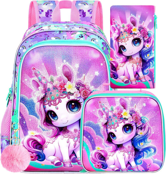 16" Unicorn Backpack for Girls, 3Pcs Kids School Backpacks with Lunch Box, Bookbag for Elementary Preschool Kindergarten(Pink)