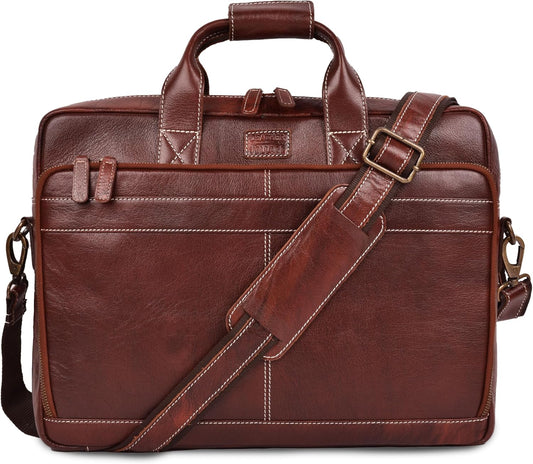 LEATHER VILLAGE 16" Leather Laptop Messenger Briefcase Bag for Men-Leather Satchel for Travel and Office Shoulder Bag-Red Brown
