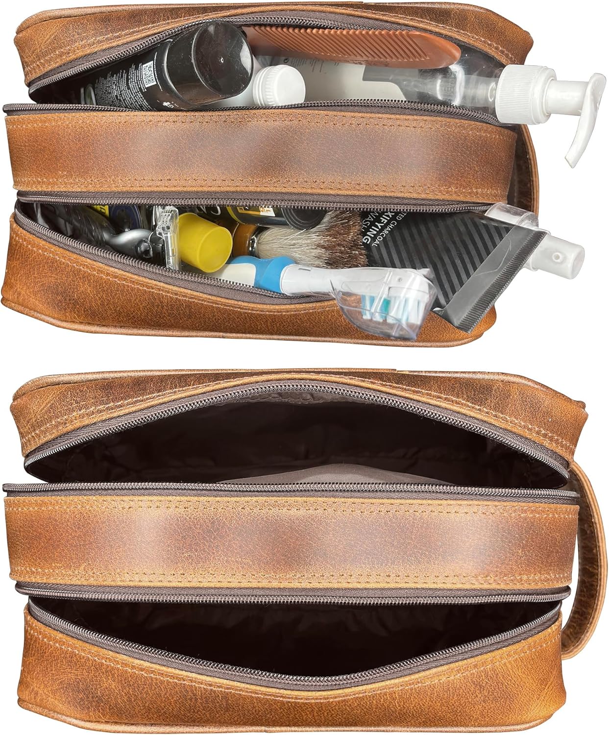 RUSTIC TOWN Leather Toiletry Bag for Men - Travel Shaving Ditty Kit - Bathroom Shower Toiletries Organizer - Leather Cosmetic Bag for Women (Antique Brown)