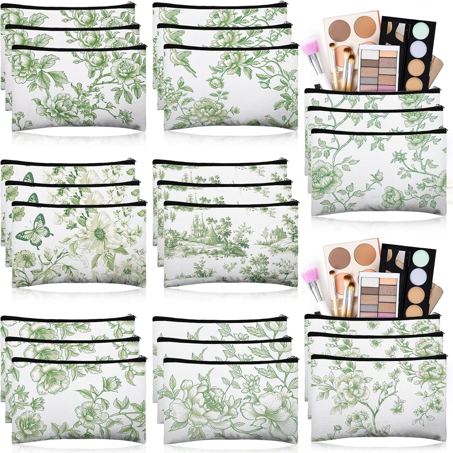 24 Pcs Floral Cosmetic Bags Bulk for Women Sage Green and White Floral Makeup Bags Chinoiserie Canvas Travel Zipper Pouches Aesthetic Toiletry Bag for Girls Bridesmaids Wedding Supplies