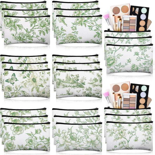 24 Pcs Floral Cosmetic Bags Bulk for Women Sage Green and White Floral Makeup Bags Chinoiserie Canvas Travel Zipper Pouches Aesthetic Toiletry Bag for Girls Bridesmaids Wedding Supplies