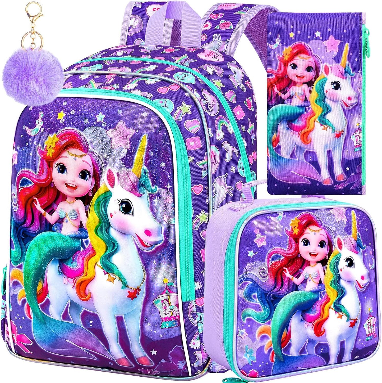 16" Mermaid Backpack for Girls, 3Pcs Unicorn Kids Bookbag with Lunch Box，School Backpacks for Elementary Preschool Kindergarten (Purple)