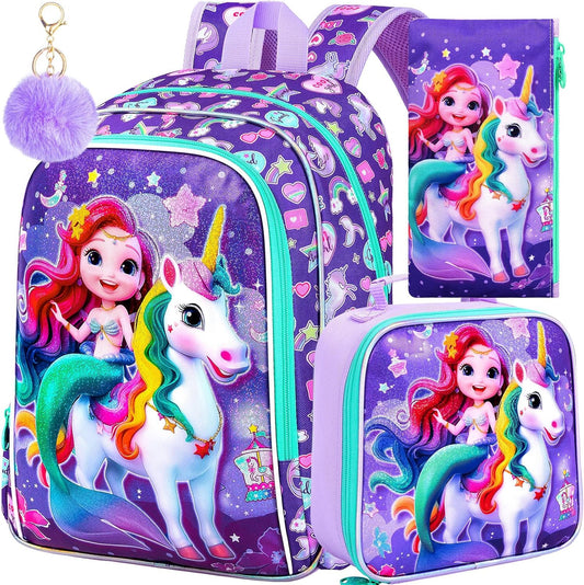 16" Mermaid Backpack for Girls, 3Pcs Unicorn Kids Bookbag with Lunch Box，School Backpacks for Elementary Preschool Kindergarten (Purple)