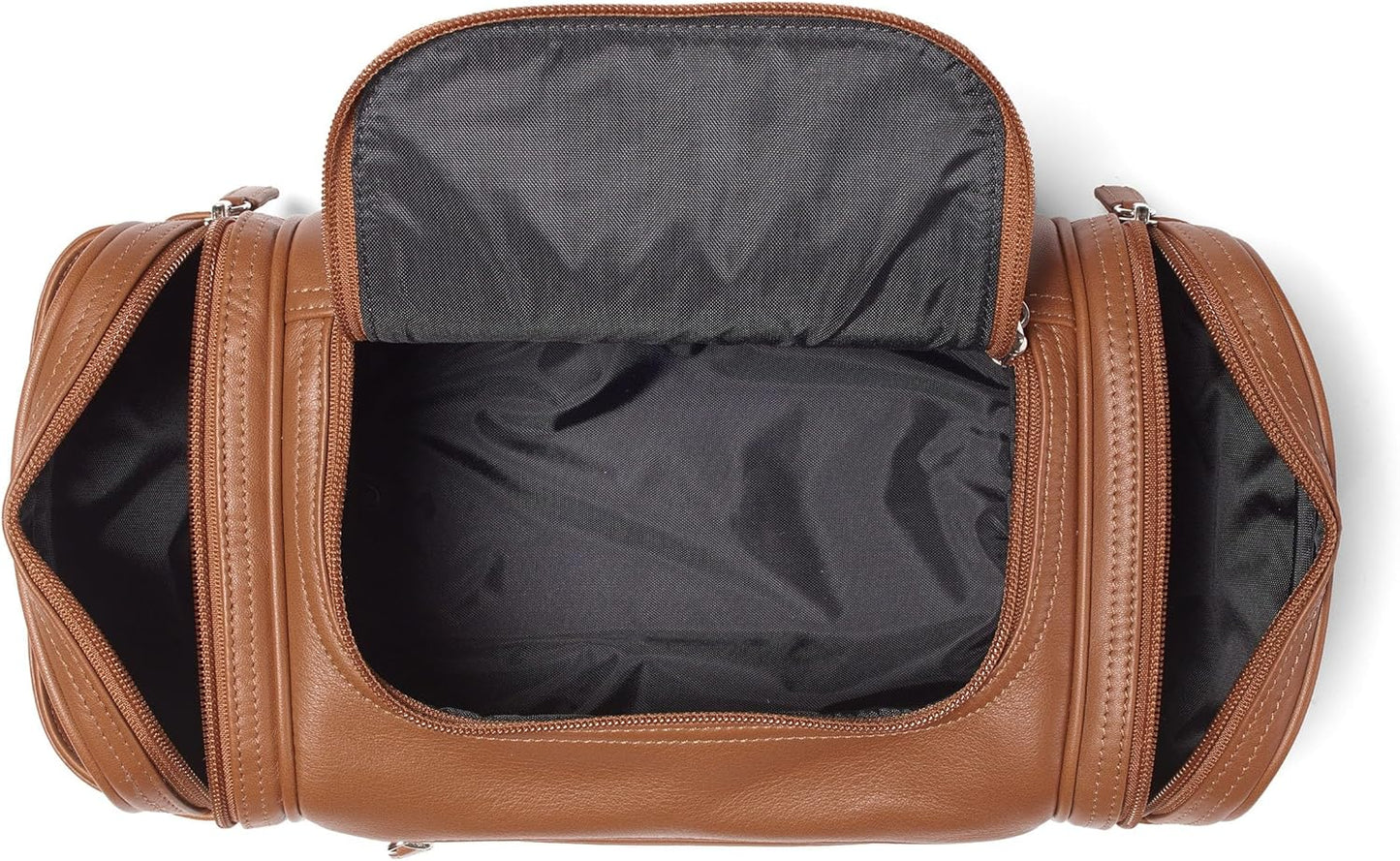 Leatherology Cognac Multi Pocket Toiletry Bag - Main top zippered compartment with additional side and front zippered pockets