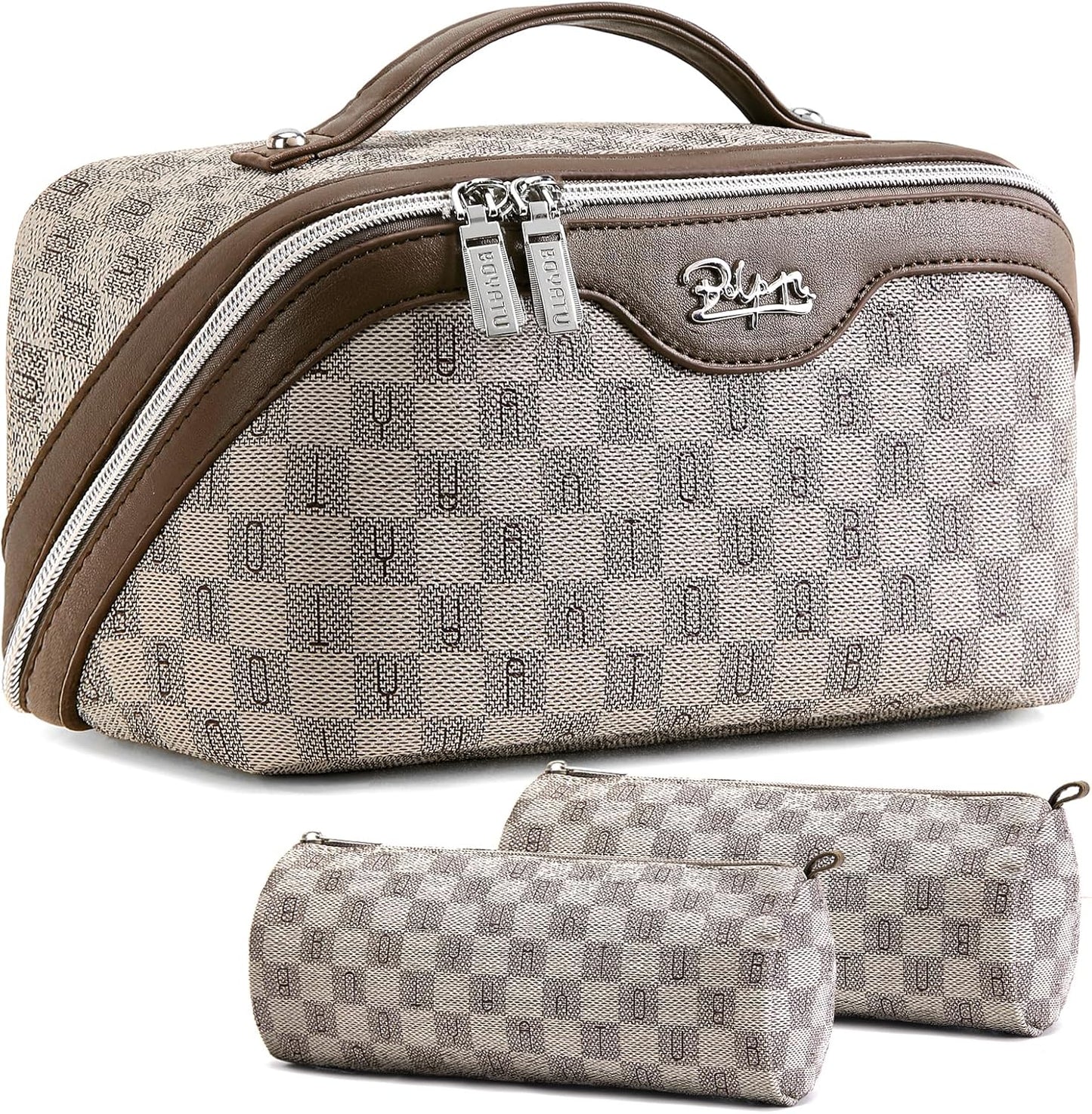 BOYATU Travel Makeup Bag Cosmetic Bags for Women: Large Make up Bags Set of 3 - Portable Makeup Organizer with Compartments&Handle&Divider - Waterproof PU Leather Toiletry Bag(C-1-Light Brown)