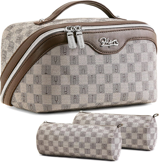 BOYATU Travel Makeup Bag Cosmetic Bags for Women: Large Make up Bags Set of 3 - Portable Makeup Organizer with Compartments&Handle&Divider - Waterproof PU Leather Toiletry Bag(C-1-Light Brown)