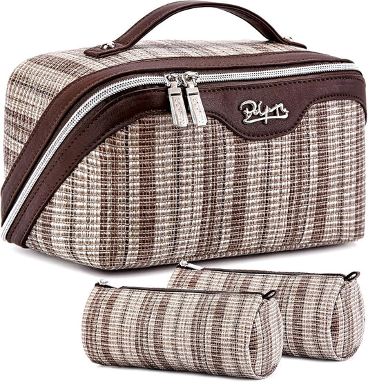 BOYATU Travel Makeup Bag for Women: Large Capacity Open Flat Make up Bag Set of 3 - Vegan Leather Cosmetic Bag with Compartments - Waterproof Toiletry Bag with Handle & Divider(I-5-Brown)