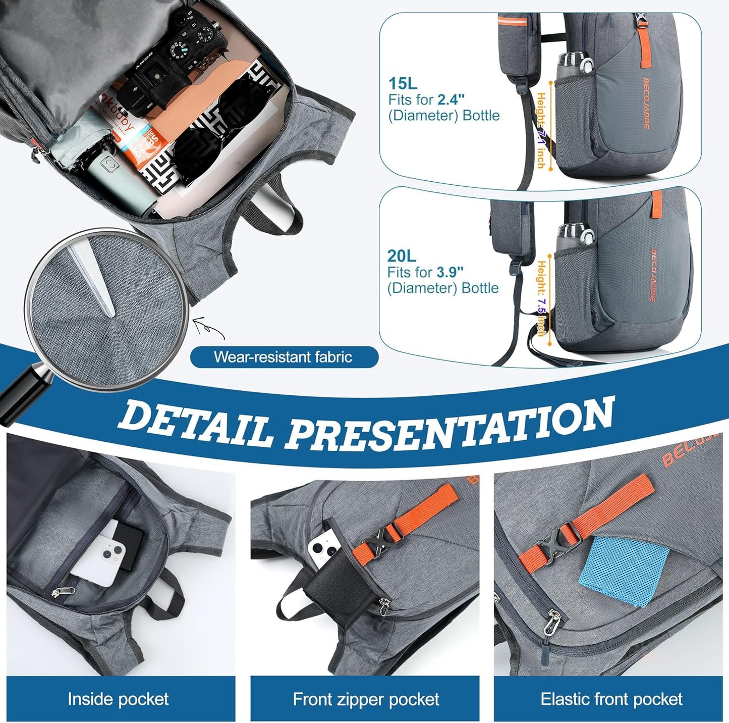 15L Small Hiking Backpack for Men Women Foldable Packable Back Pack Ultralight Hiking Daypack for Travel Camping Outdoor, Gray