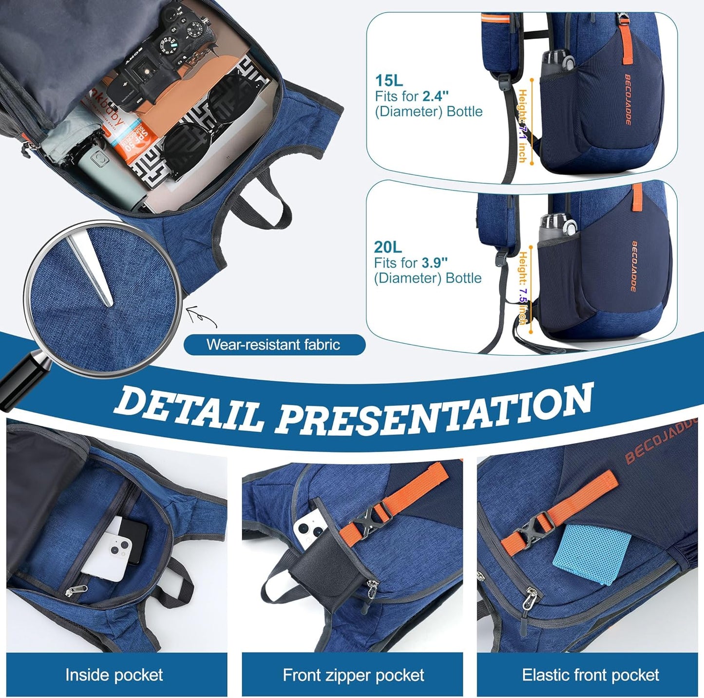 15L Small Hiking Backpack for Men Women Foldable Packable Back Pack Ultralight Hiking Daypack for Travel Camping Outdoor, Navy Blue