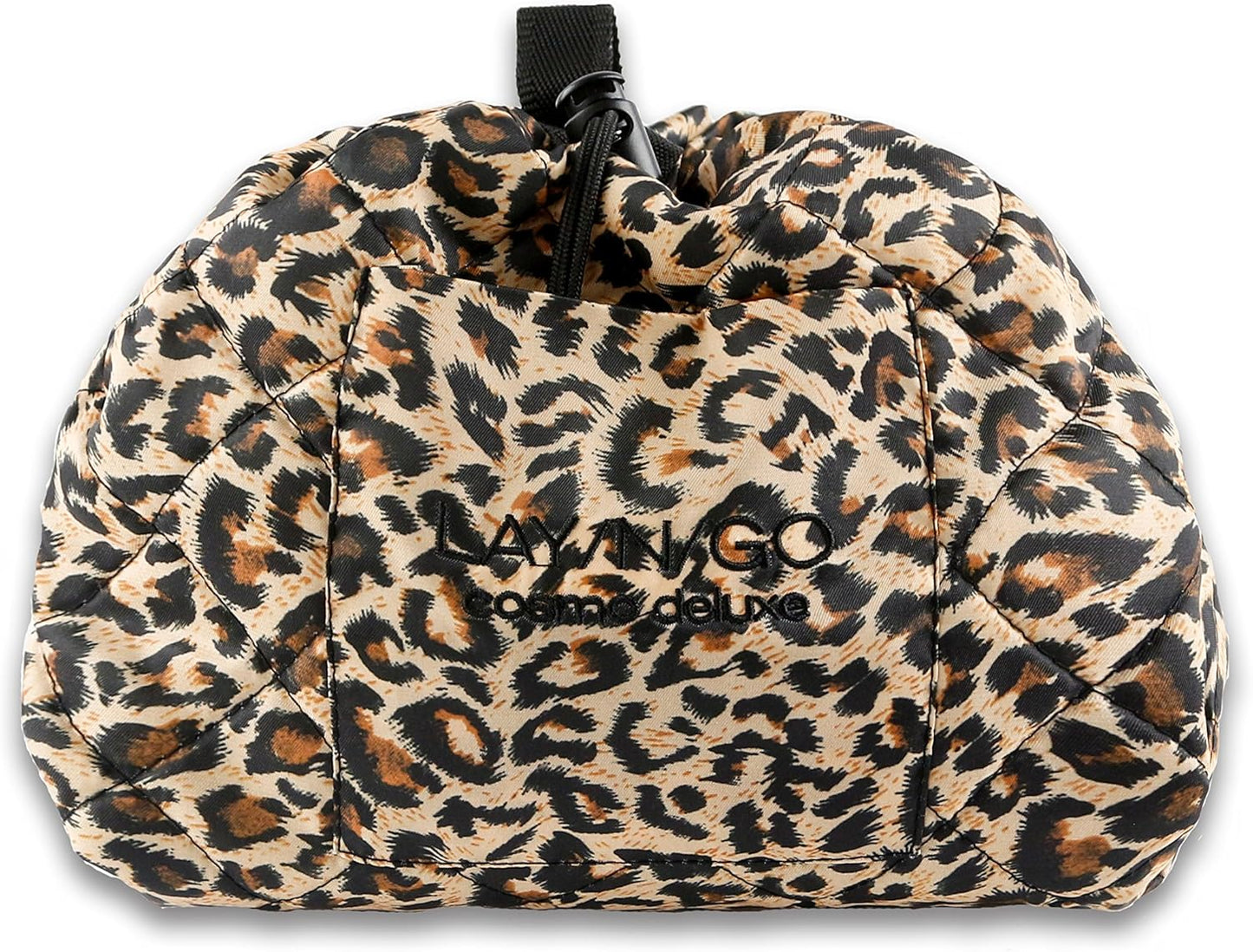 Lay-n-Go Cosmo Layflat Drawstring Cosmetic & Makeup Bag Organizer w/Zipper Pocket, Brush Loops & More, Cinch to Close, Lay Flat to Use, Durable, Machine Wash, Travel Toiletry Bag (22", Leopard)