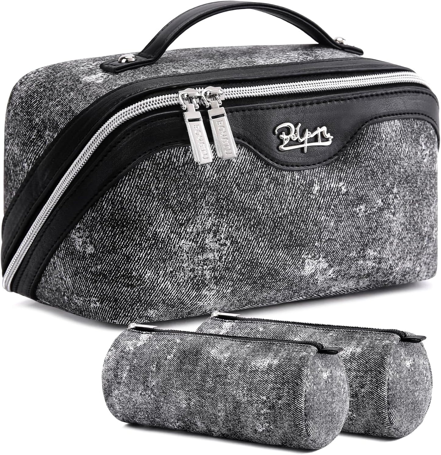 BOYATU Travel Makeup Bag Cosmetic Bags for Women: 3 Sets Large Capacity Make up Bag - Portable Toiletry Bags with Handle for Women(F-3-Black)